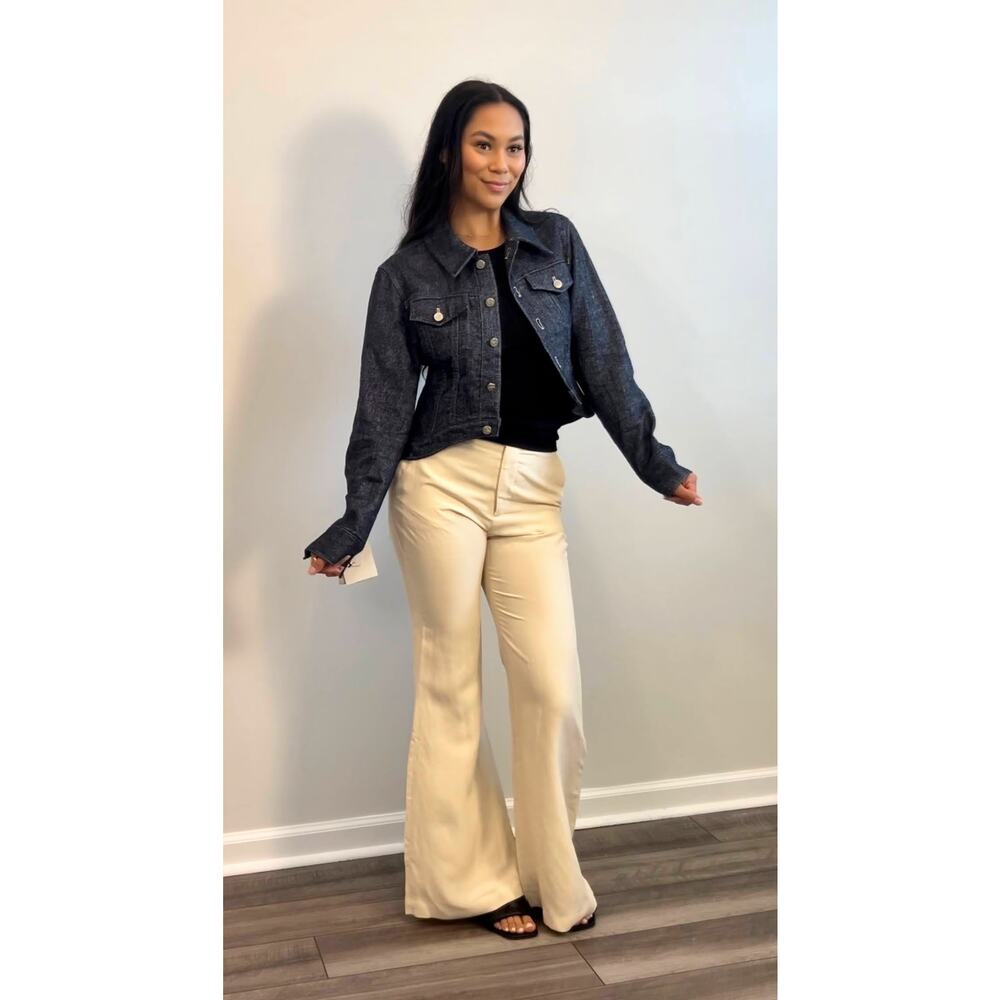 LVIR Wool Stitch Curved Hem Button Up Jacket in Blue Medium Long Sleeve Pockets